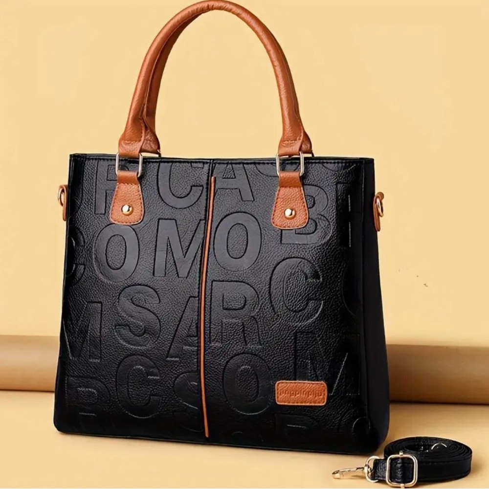 Perfect Lily Black Vegan Leather Tote with Brown Handles & Strap NIP